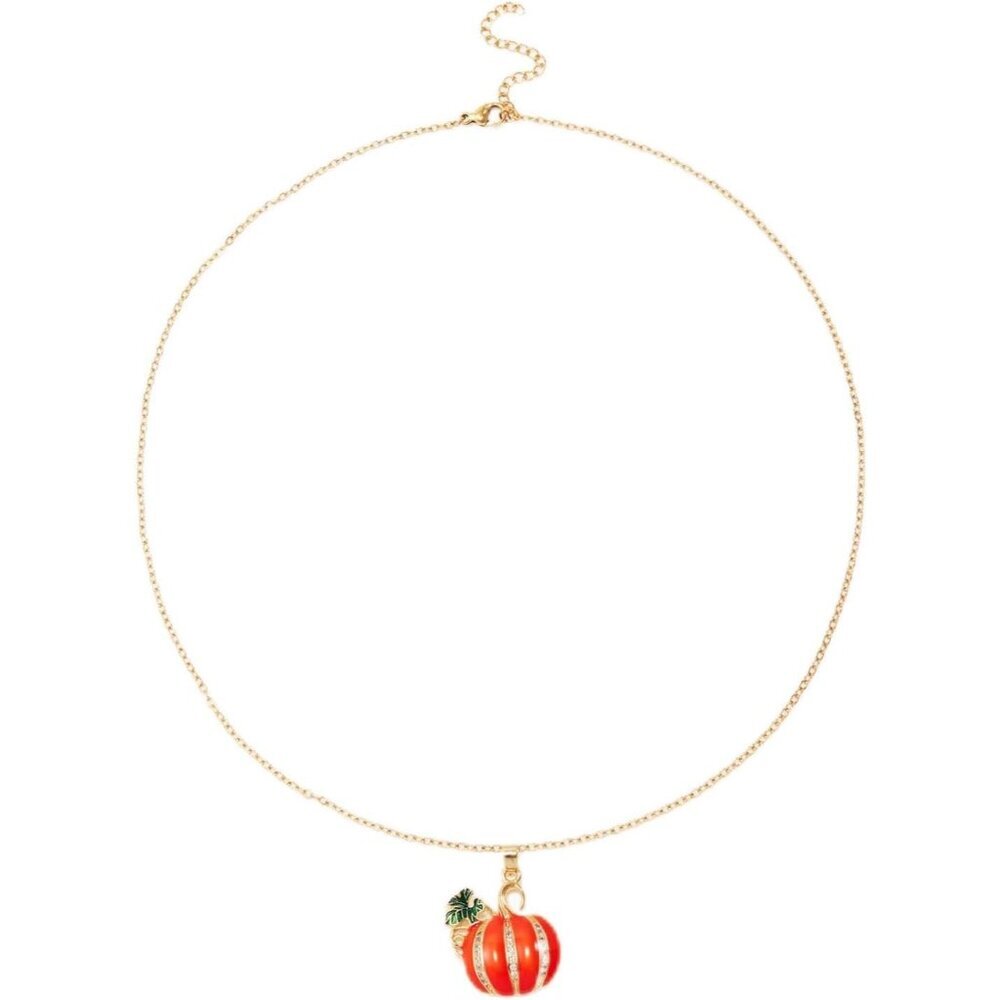 Rhinestone Pumpkin Pendant Necklace Fall Enamel Orange Pumpkins Vegetable Green